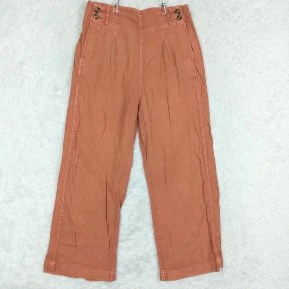 American Eagle Womens Pants Wide Leg Cropped Linen Blend Baggy Burnt Orange 6 - Picture 1 of 12